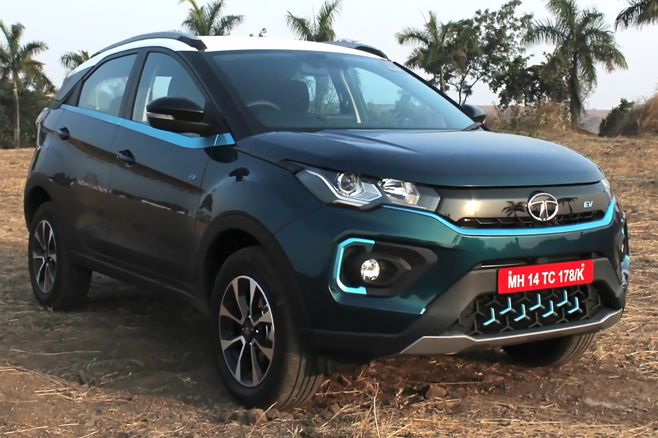 Tata Nexon EV exterior front three-quarter view, blue paint